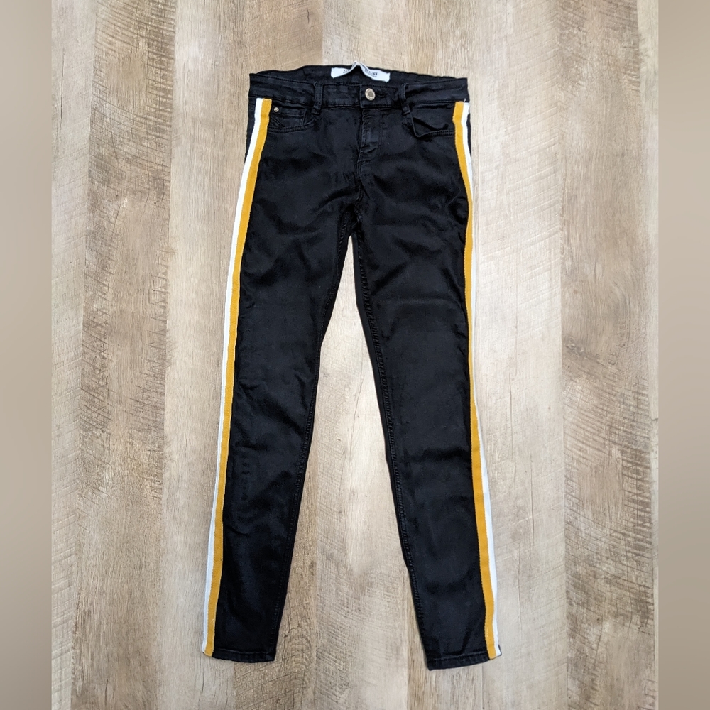 Zara Black Skinny Jeans Yellow and White Side Stripe Size 4